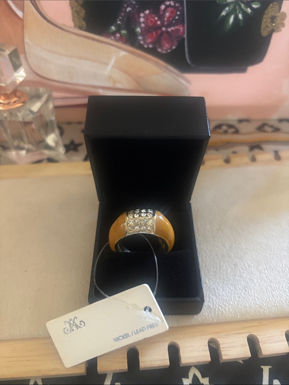 Women's Amber Resin Ring with Crystal Accent Size 8